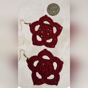 Hand Crafted Red Crochet Flower Earrings